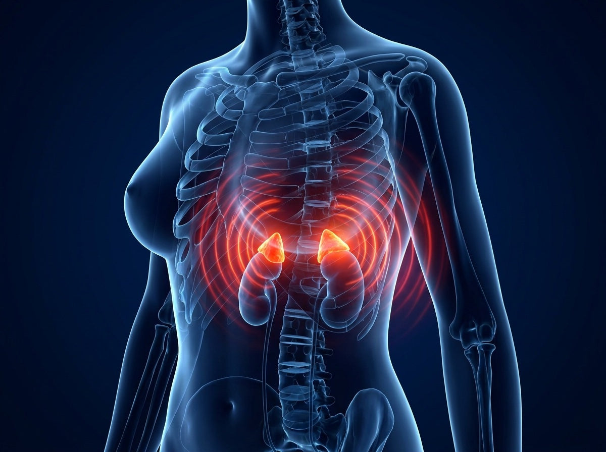 Medizinische Illustration der Nebennieren, die über den Nieren leuchten und ein Stresssignal durch den Körper senden