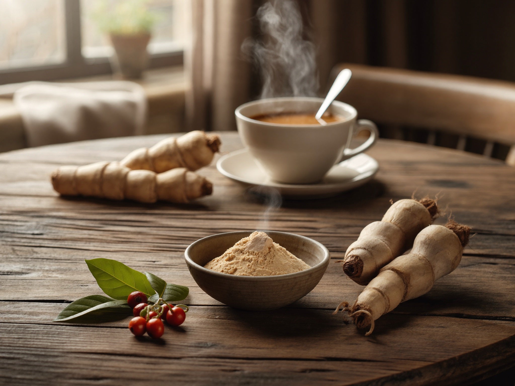 Ashwagandha-Wurzel und -Pulver auf einem Holztisch